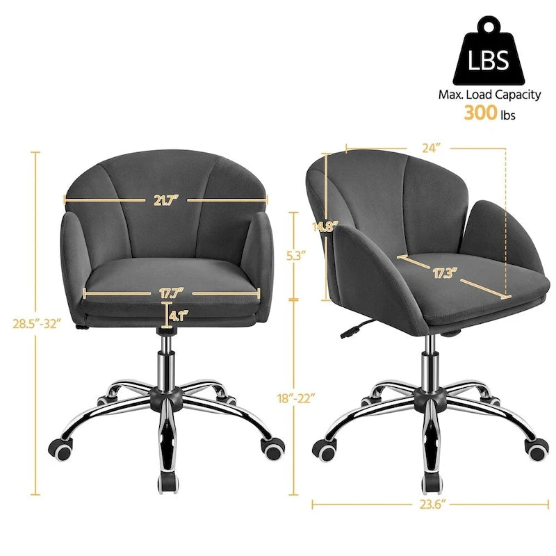 Chaise de bureau pivotante en velours à roulettes, réglable en hauteur de 72,4 cm à 81,3 cm, supporte jusqu'à 136 kg, 6 couleurs, pour la maison/bureau