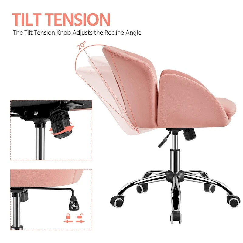 Chaise de bureau pivotante en velours à roulettes, réglable en hauteur de 72,4 cm à 81,3 cm, supporte jusqu'à 136 kg, 6 couleurs, pour la maison/bureau