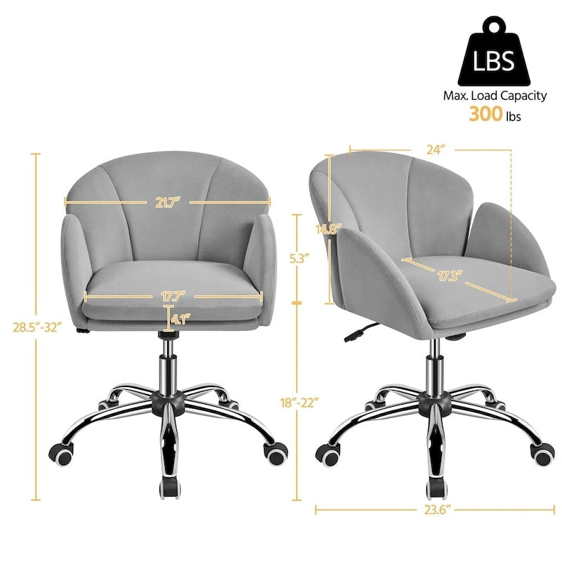 Chaise de bureau pivotante en velours à roulettes, réglable en hauteur de 72,4 cm à 81,3 cm, supporte jusqu'à 136 kg, 6 couleurs, pour la maison/bureau