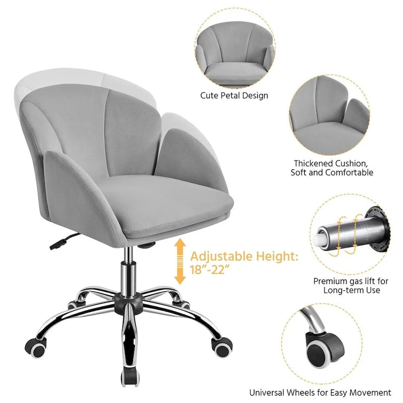 Chaise de bureau pivotante en velours à roulettes, réglable en hauteur de 72,4 cm à 81,3 cm, supporte jusqu'à 136 kg, 6 couleurs, pour la maison/bureau
