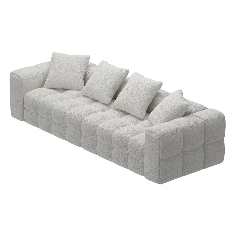 Canapé deux places en velours Teddy avec accoudoirs, 256 cm de large, structure en contreplaqué et pieds en bois massif, moderne