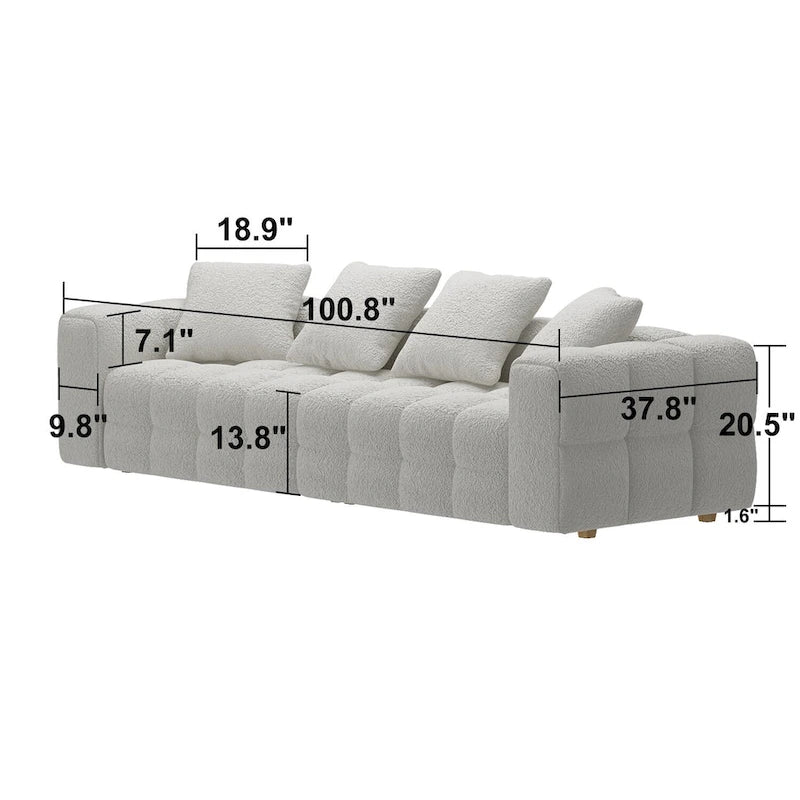 Canapé deux places en velours Teddy avec accoudoirs, 256 cm de large, structure en contreplaqué et pieds en bois massif, moderne