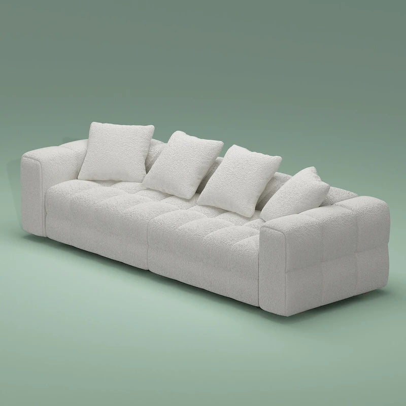 Canapé deux places en velours Teddy avec accoudoirs, 256 cm de large, structure en contreplaqué et pieds en bois massif, moderne
