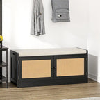 Banc de rangement pour chaussures avec coussin, MDF et rotin, 2 portes et étagères réglables, 101,1 cm (39,8 po) de largeur, 90,7 kg (200 lb), noir