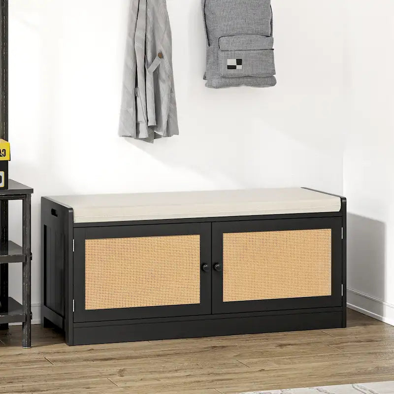 Banc de rangement pour chaussures avec coussin, MDF et rotin, 2 portes et étagères réglables, 101,1 cm (39,8 po) de largeur, 90,7 kg (200 lb), noir