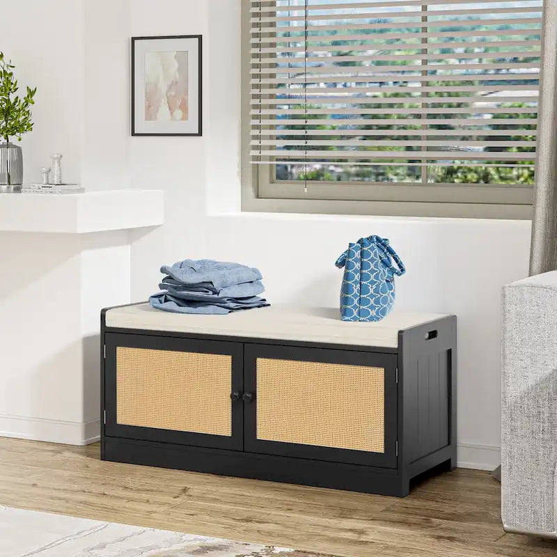Banc de rangement pour chaussures avec coussin, MDF et rotin, 2 portes et étagères réglables, 101,1 cm (39,8 po) de largeur, 90,7 kg (200 lb), noir