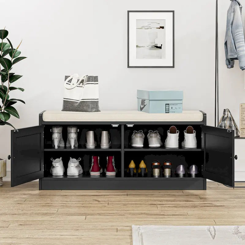 Banc de rangement pour chaussures avec coussin, MDF et rotin, 2 portes et étagères réglables, 101,1 cm (39,8 po) de largeur, 90,7 kg (200 lb), noir
