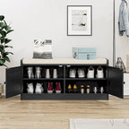 Banc de rangement pour chaussures avec coussin, MDF et rotin, 2 portes et étagères réglables, 101,1 cm (39,8 po) de largeur, 90,7 kg (200 lb), noir