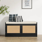 Banc de rangement pour chaussures avec coussin, MDF et rotin, 2 portes et étagères réglables, 101,1 cm (39,8 po) de largeur, 90,7 kg (200 lb), noir