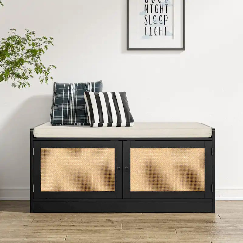 Banc de rangement pour chaussures avec coussin, MDF et rotin, 2 portes et étagères réglables, 101,1 cm (39,8 po) de largeur, 90,7 kg (200 lb), noir