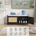 Banc de rangement pour chaussures avec coussin, MDF et rotin, 2 portes et étagères réglables, 101,1 cm (39,8 po) de largeur, 90,7 kg (200 lb), noir