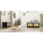 Banc de rangement pour chaussures avec coussin, MDF et rotin, 2 portes et étagères réglables, 101,1 cm (39,8 po) de largeur, 90,7 kg (200 lb), noir