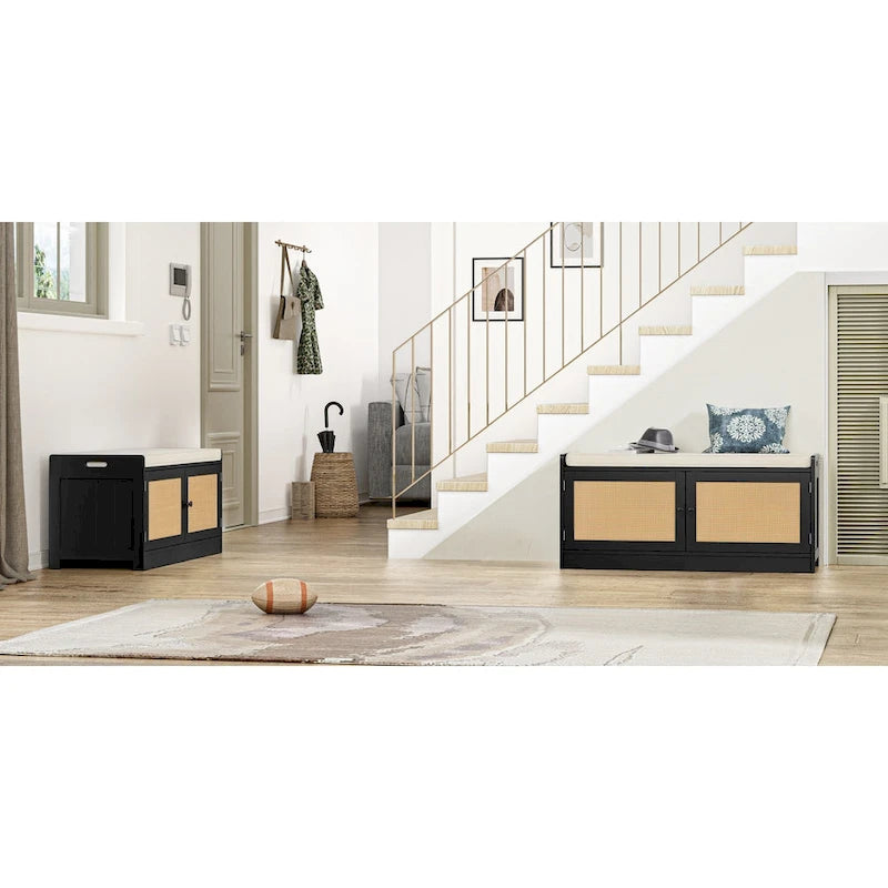 Banc de rangement pour chaussures avec coussin, MDF et rotin, 2 portes et étagères réglables, 101,1 cm (39,8 po) de largeur, 90,7 kg (200 lb), noir
