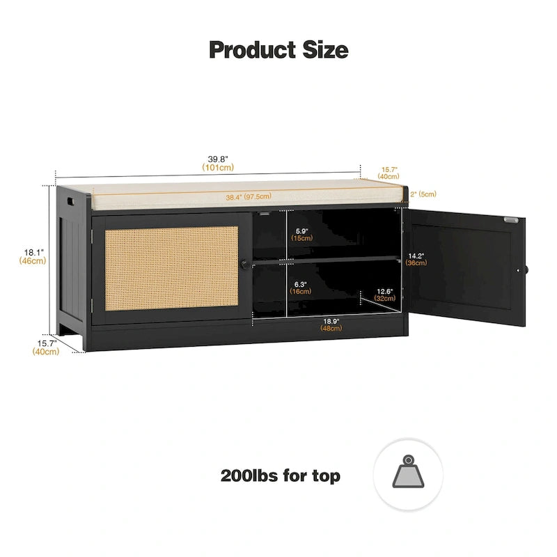 Banc de rangement pour chaussures avec coussin, MDF et rotin, 2 portes et étagères réglables, 101,1 cm (39,8 po) de largeur, 90,7 kg (200 lb), noir