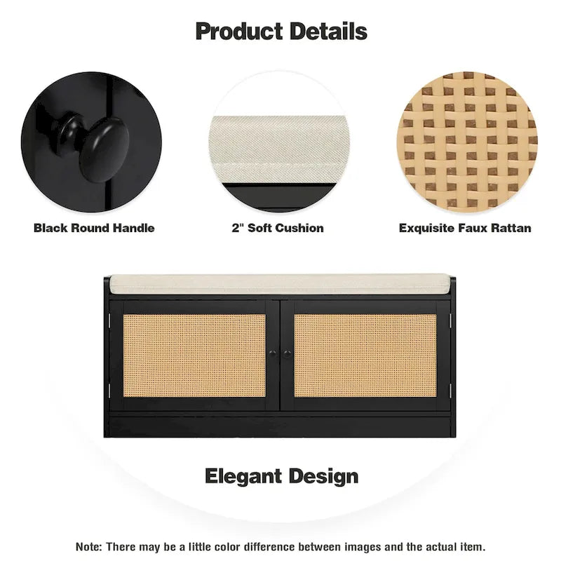 Banc de rangement pour chaussures avec coussin, MDF et rotin, 2 portes et étagères réglables, 101,1 cm (39,8 po) de largeur, 90,7 kg (200 lb), noir