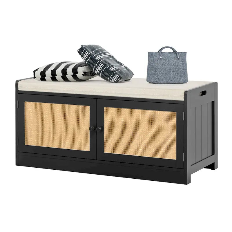 Banc de rangement pour chaussures avec coussin, MDF et rotin, 2 portes et étagères réglables, 101,1 cm (39,8 po) de largeur, 90,7 kg (200 lb), noir