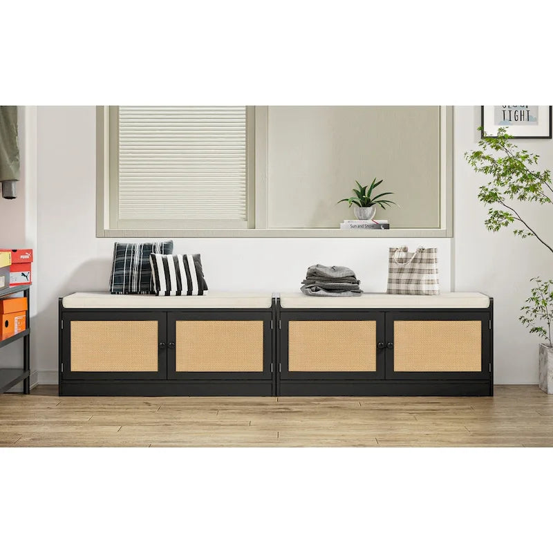 Banc de rangement pour chaussures avec coussin, MDF et rotin, 2 portes et étagères réglables, 101,1 cm (39,8 po) de largeur, 90,7 kg (200 lb), noir