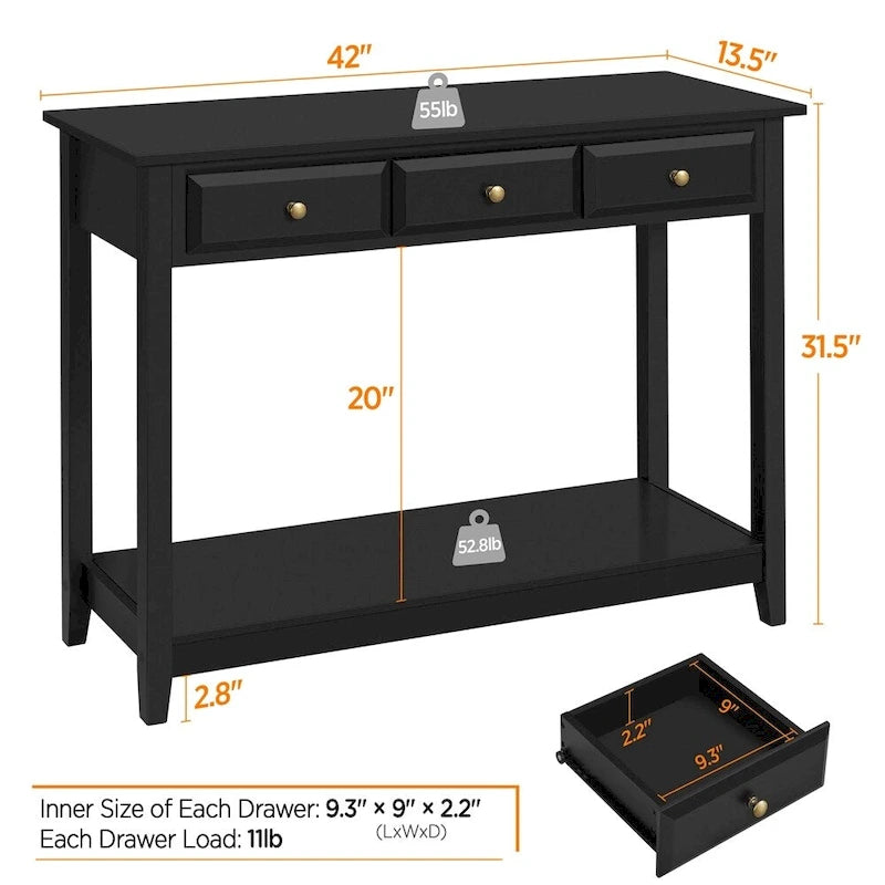 Console 3 tiroirs avec étagère de rangement