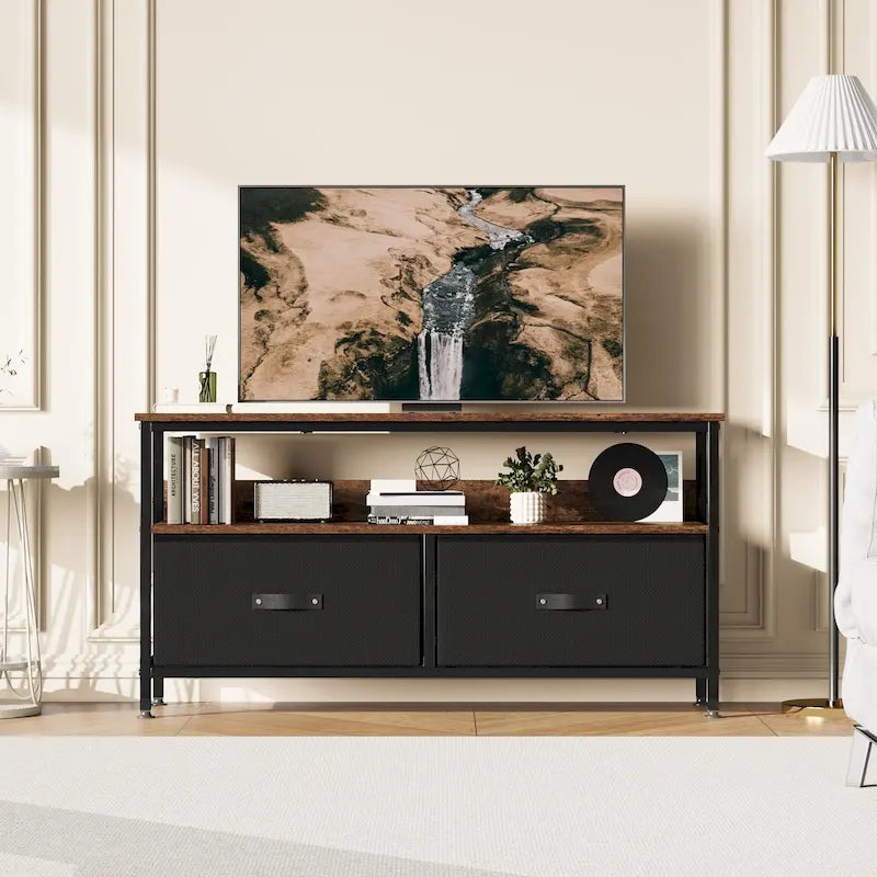Meuble TV avec 3 tiroirs en tissu et étagères ouvertes, convient aux téléviseurs de 55", 99 cm (L) x 57 cm (H), panneau de fibres de densité moyenne aspect bois