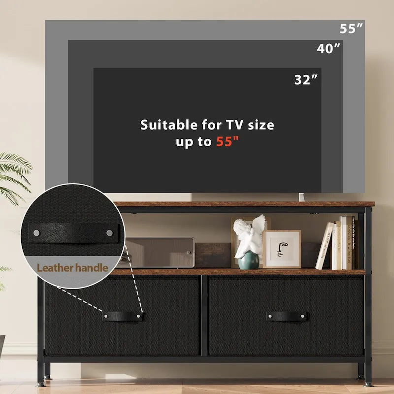 Meuble TV avec 3 tiroirs en tissu et étagères ouvertes, convient aux téléviseurs de 55", 99 cm (L) x 57 cm (H), panneau de fibres de densité moyenne aspect bois