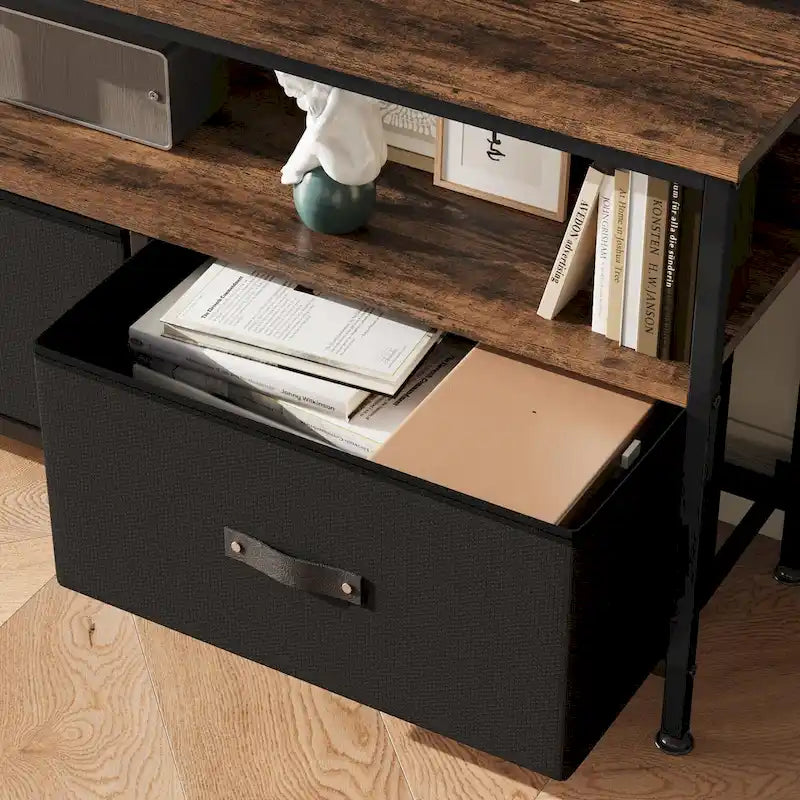 Meuble TV avec 3 tiroirs en tissu et étagères ouvertes, convient aux téléviseurs de 55", 99 cm (L) x 57 cm (H), panneau de fibres de densité moyenne aspect bois