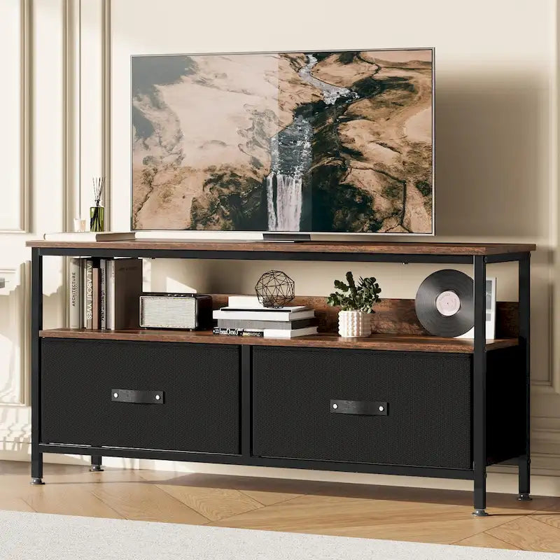 Meuble TV avec 3 tiroirs en tissu et étagères ouvertes, convient aux téléviseurs de 55", 99 cm (L) x 57 cm (H), panneau de fibres de densité moyenne aspect bois