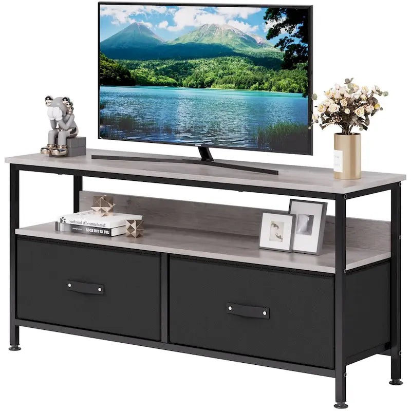 Meuble TV avec 3 tiroirs en tissu et étagères ouvertes, convient aux téléviseurs de 55", 99 cm (L) x 57 cm (H), panneau de fibres de densité moyenne aspect bois