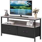 Meuble TV avec 3 tiroirs en tissu et étagères ouvertes, convient aux téléviseurs de 55", 99 cm (L) x 57 cm (H), panneau de fibres de densité moyenne aspect bois