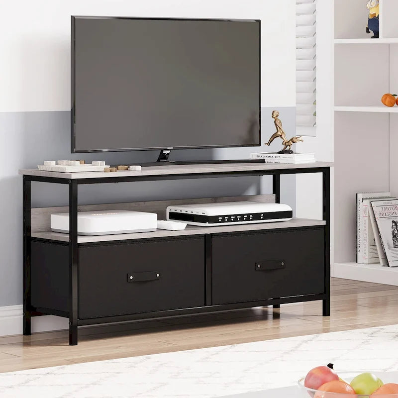 Meuble TV avec 3 tiroirs en tissu et étagères ouvertes, convient aux téléviseurs de 55", 99 cm (L) x 57 cm (H), panneau de fibres de densité moyenne aspect bois