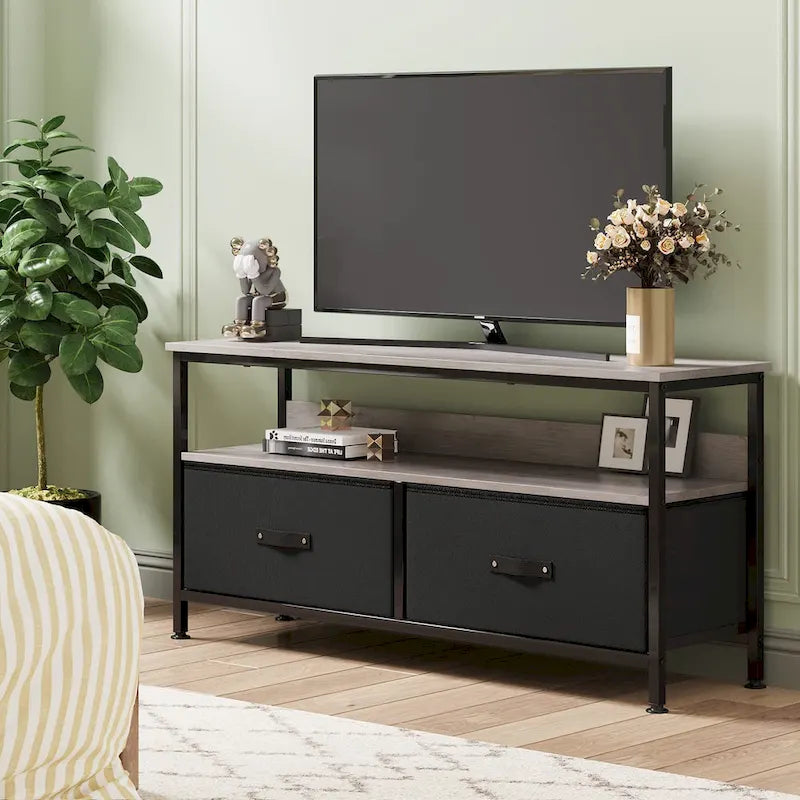 Meuble TV avec 3 tiroirs en tissu et étagères ouvertes, convient aux téléviseurs de 55", 99 cm (L) x 57 cm (H), panneau de fibres de densité moyenne aspect bois