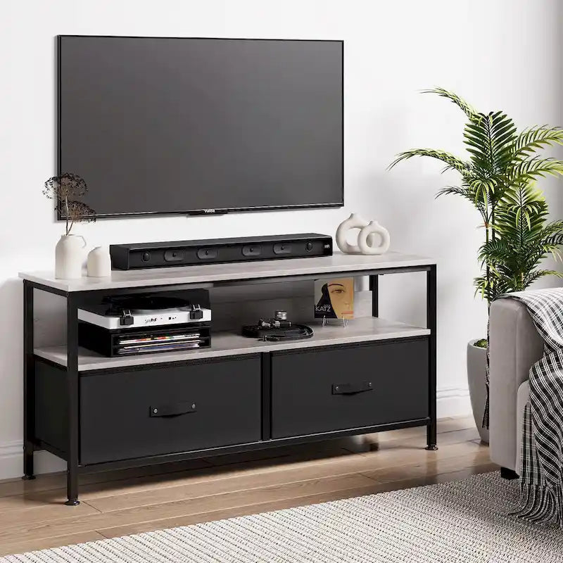 Meuble TV avec 3 tiroirs en tissu et étagères ouvertes, convient aux téléviseurs de 55", 99 cm (L) x 57 cm (H), panneau de fibres de densité moyenne aspect bois