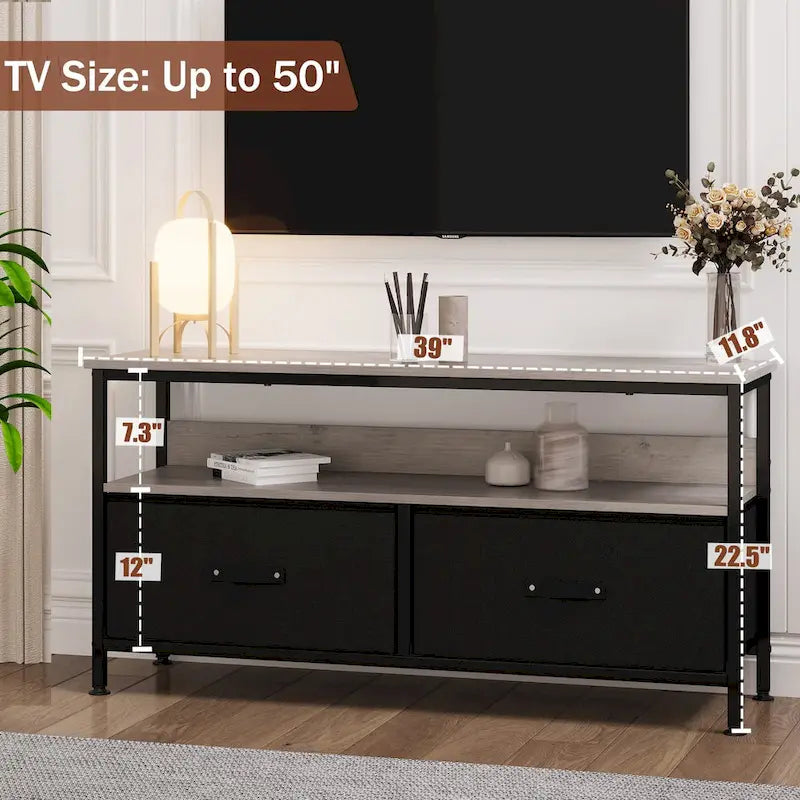 Meuble TV avec 3 tiroirs en tissu et étagères ouvertes, convient aux téléviseurs de 55", 99 cm (L) x 57 cm (H), panneau de fibres de densité moyenne aspect bois
