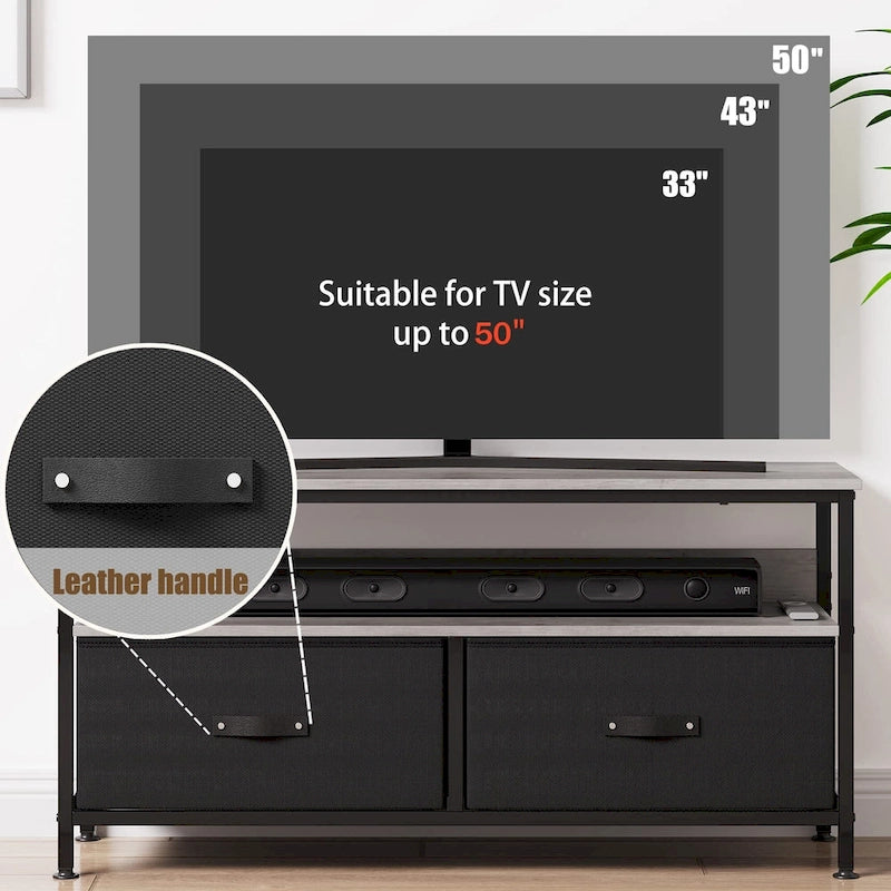 Meuble TV avec 3 tiroirs en tissu et étagères ouvertes, convient aux téléviseurs de 55", 99 cm (L) x 57 cm (H), panneau de fibres de densité moyenne aspect bois