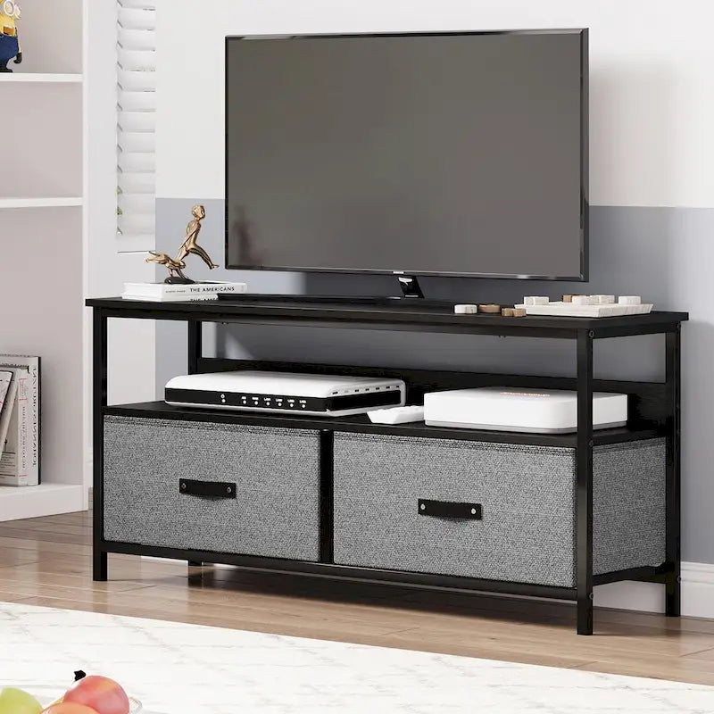 Meuble TV avec 3 tiroirs en tissu et étagères ouvertes, convient aux téléviseurs de 55", 99 cm (L) x 57 cm (H), panneau de fibres de densité moyenne aspect bois
