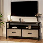 Meuble TV avec 3 tiroirs en tissu et étagères ouvertes, convient aux téléviseurs de 55", 99 cm (L) x 57 cm (H), panneau de fibres de densité moyenne aspect bois