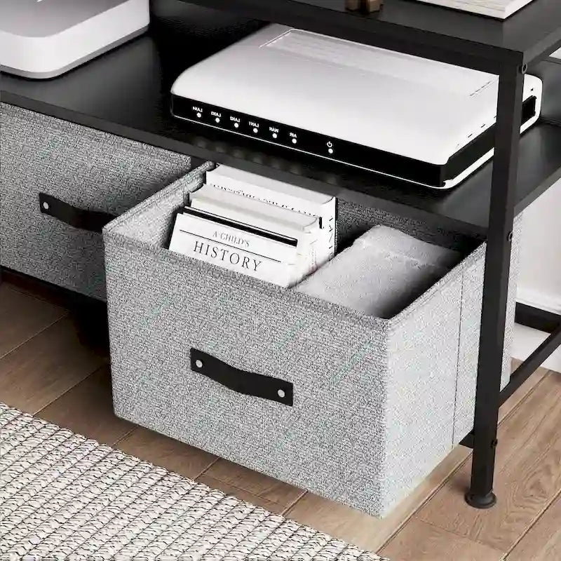 Meuble TV avec 3 tiroirs en tissu et étagères ouvertes, convient aux téléviseurs de 55", 99 cm (L) x 57 cm (H), panneau de fibres de densité moyenne aspect bois