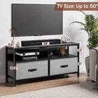 Meuble TV avec 3 tiroirs en tissu et étagères ouvertes, convient aux téléviseurs de 55", 99 cm (L) x 57 cm (H), panneau de fibres de densité moyenne aspect bois