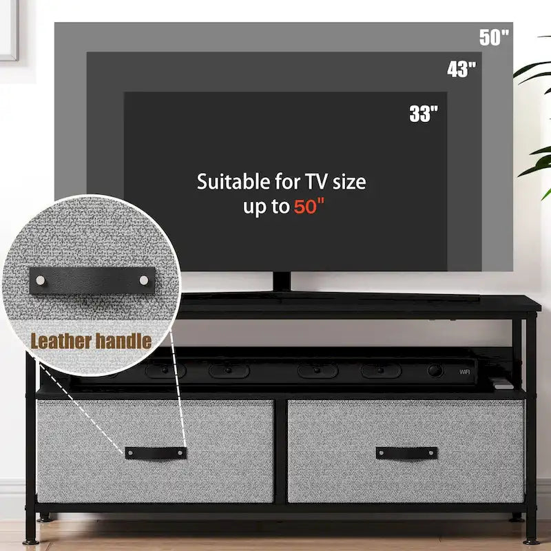 Meuble TV avec 3 tiroirs en tissu et étagères ouvertes, convient aux téléviseurs de 55", 99 cm (L) x 57 cm (H), panneau de fibres de densité moyenne aspect bois