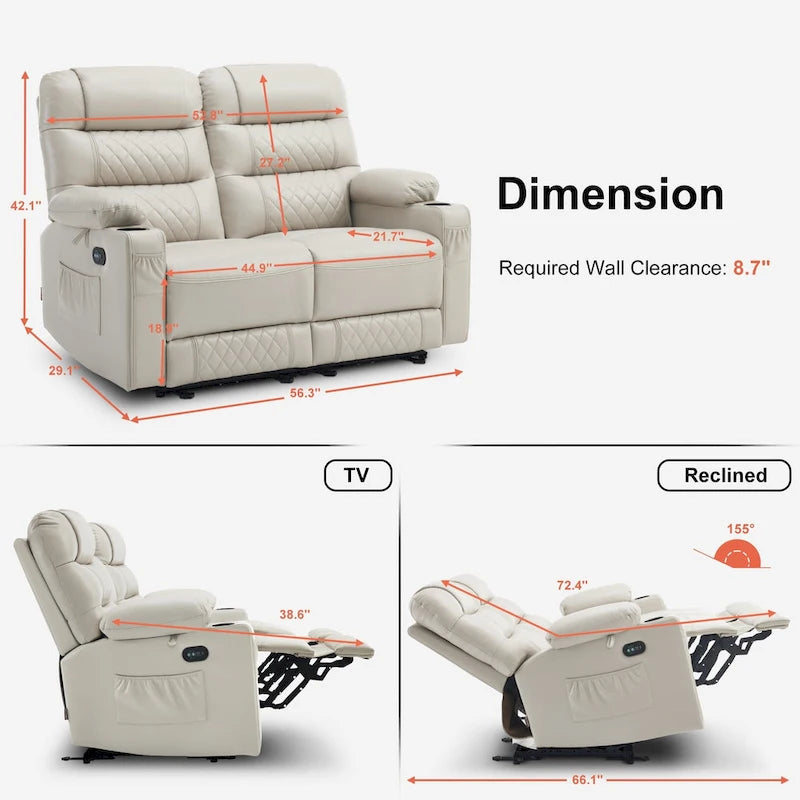 Causeuse inclinable électrique, Selle/Marron foncé/Gris clair, Chauffante et massante, 2 places