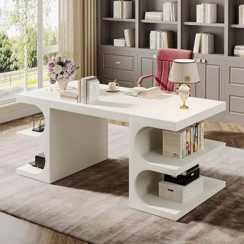 Bureau de direction 62" avec étagères, blanc, bois, 1 place