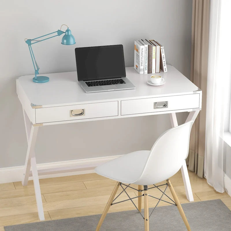 Bureau d'ordinateur avec tiroirs, plateau en MDF et pieds en bois massif, 106,7 cm (L) x 60,6 cm (l) x 76,2 cm (H), 1 place, Blanc/Bleu/Rouge/Noir