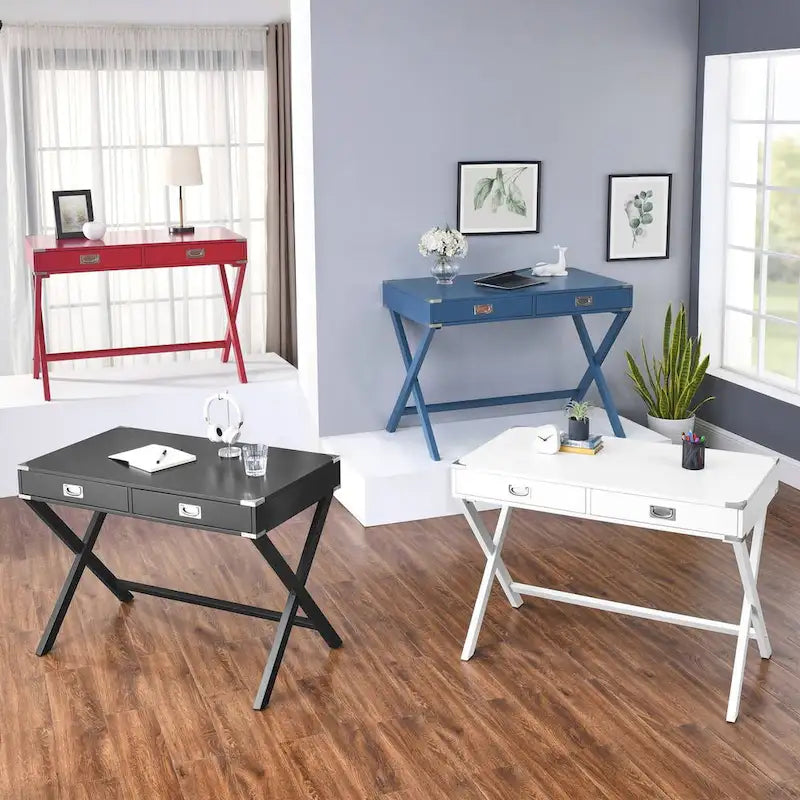 Bureau d'ordinateur avec tiroirs, plateau en MDF et pieds en bois massif, 106,7 cm (L) x 60,6 cm (l) x 76,2 cm (H), 1 place, Blanc/Bleu/Rouge/Noir