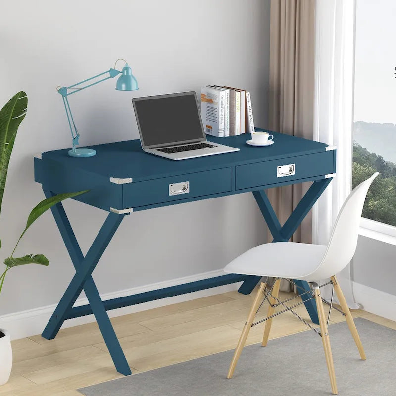 Bureau d'ordinateur avec tiroirs, plateau en MDF et pieds en bois massif, 106,7 cm (L) x 60,6 cm (l) x 76,2 cm (H), 1 place, Blanc/Bleu/Rouge/Noir