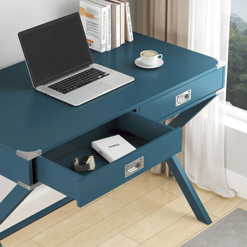Bureau d'ordinateur avec tiroirs, plateau en MDF et pieds en bois massif, 106,7 cm (L) x 60,6 cm (l) x 76,2 cm (H), 1 place, Blanc/Bleu/Rouge/Noir