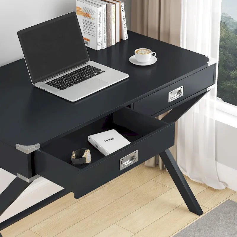 Bureau d'ordinateur avec tiroirs, plateau en MDF et pieds en bois massif, 106,7 cm (L) x 60,6 cm (l) x 76,2 cm (H), 1 place, Blanc/Bleu/Rouge/Noir