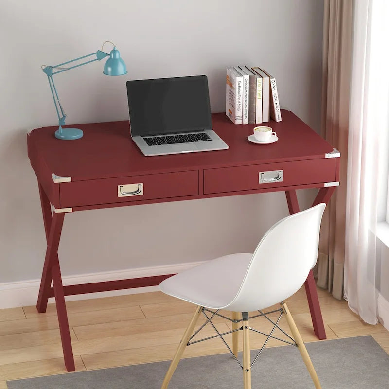 Bureau d'ordinateur avec tiroirs, plateau en MDF et pieds en bois massif, 106,7 cm (L) x 60,6 cm (l) x 76,2 cm (H), 1 place, Blanc/Bleu/Rouge/Noir