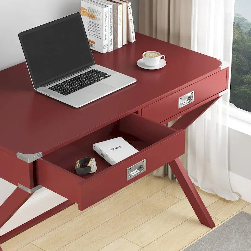 Bureau d'ordinateur avec tiroirs, plateau en MDF et pieds en bois massif, 106,7 cm (L) x 60,6 cm (l) x 76,2 cm (H), 1 place, Blanc/Bleu/Rouge/Noir