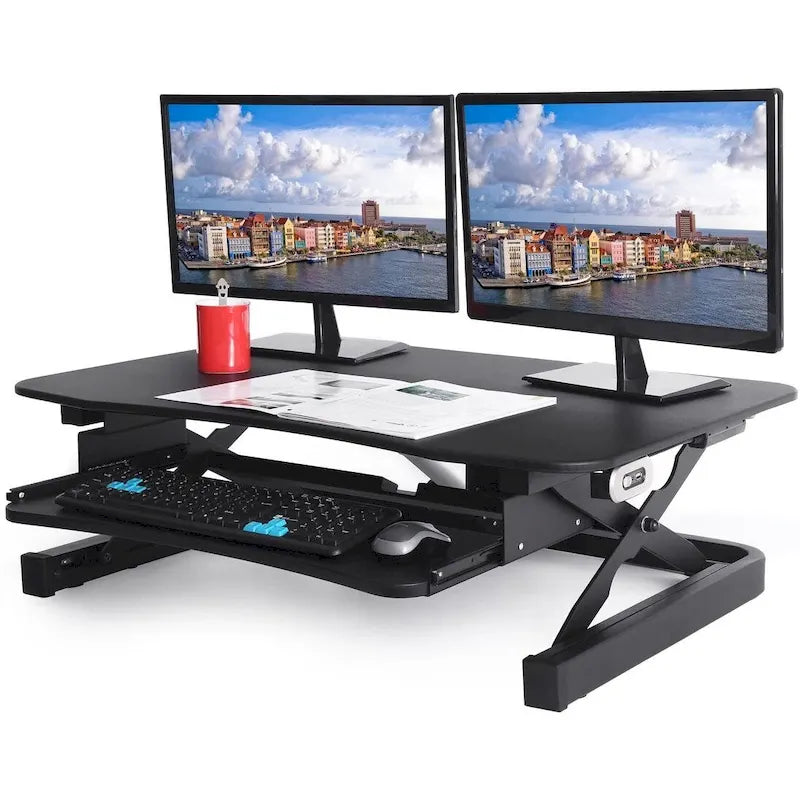 Rehausseur de bureau assis-debout électrique, marron/noir/blanc, surface 91x61 cm, port USB, sans montage