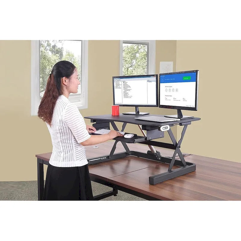 Rehausseur de bureau assis-debout électrique, marron/noir/blanc, surface 91x61 cm, port USB, sans montage