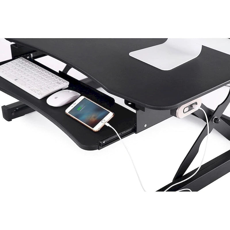 Rehausseur de bureau assis-debout électrique, marron/noir/blanc, surface 91x61 cm, port USB, sans montage